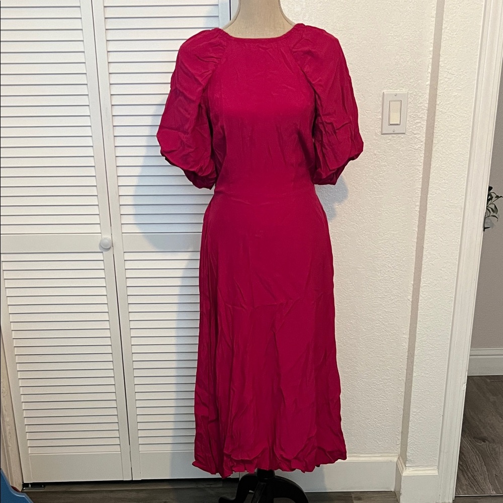 a new day Fuchsia Puff-Sleeve Midi Dress